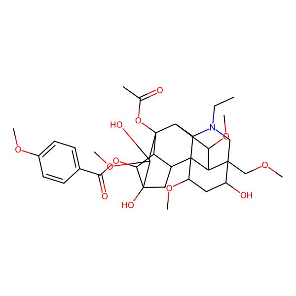 2D Structure of [8-Acetyloxy-11-ethyl-5,7,14-trihydroxy-6,16,18-trimethoxy-13-(methoxymethyl)-11-azahexacyclo[7.7.2.12,5.01,10.03,8.013,17]nonadecan-4-yl] 4-methoxybenzoate