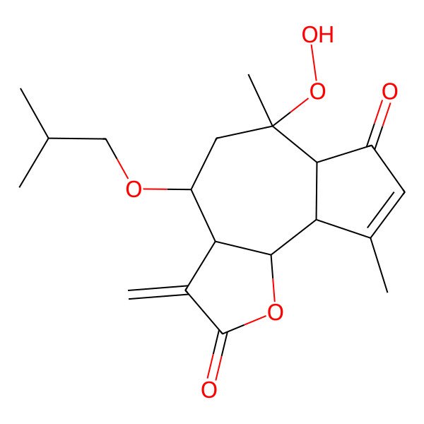2D Structure of 6-Hydroperoxy-6,9-dimethyl-3-methylidene-4-(2-methylpropoxy)-3a,4,5,6a,9a,9b-hexahydroazuleno[4,5-b]furan-2,7-dione