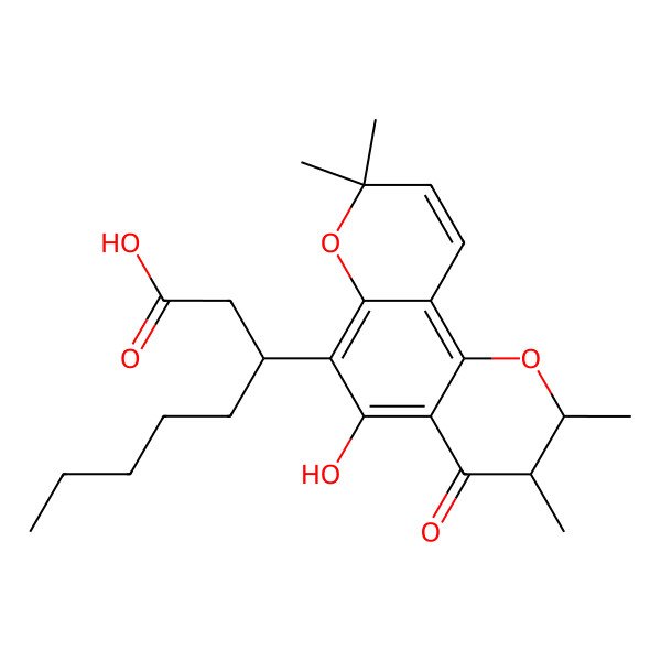2D Structure of (3R)-3-[(2R,3S)-5-hydroxy-2,3,8,8-tetramethyl-4-oxo-2,3-dihydropyrano[2,3-h]chromen-6-yl]octanoic acid