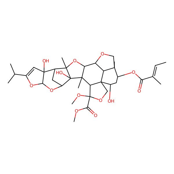 2D Structure of methyl (1S,4S,5R,6S,7R,8S,10S,14S,15S,16R,18S,19R,22R,23R,25S,26S)-7,14,25-trihydroxy-4-methoxy-6,16,22-trimethyl-23-[(E)-2-methylbut-2-enoyl]oxy-12-propan-2-yl-3,9,11,17,20-pentaoxaoctacyclo[17.6.1.18,15.01,5.06,18.07,16.010,14.022,26]heptacos-12-ene-4-carboxylate