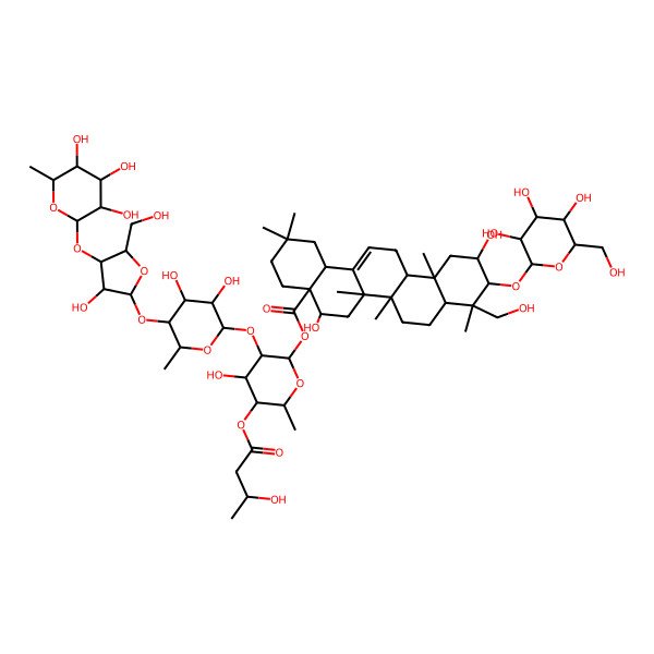 2D Structure of [(2S,3R,4S,5R,6R)-3-[(2S,3S,4R,5S,6R)-3,4-dihydroxy-5-[(2S,3R,4R,5R)-3-hydroxy-5-(hydroxymethyl)-4-[(2R,3S,4S,5S,6R)-3,4,5-trihydroxy-6-methyloxan-2-yl]oxyoxolan-2-yl]oxy-6-methyloxan-2-yl]oxy-4-hydroxy-5-[(3S)-3-hydroxybutanoyl]oxy-6-methyloxan-2-yl] (4aR,5R,6aR,6aS,6bR,8aR,9R,10R,11S,12aR,14bS)-5,11-dihydroxy-9-(hydroxymethyl)-2,2,6a,6b,9,12a-hexamethyl-10-[(2R,3R,4S,5S,6R)-3,4,5-trihydroxy-6-(hydroxymethyl)oxan-2-yl]oxy-1,3,4,5,6,6a,7,8,8a,10,11,12,13,14b-tetradecahydropicene-4a-carboxylate