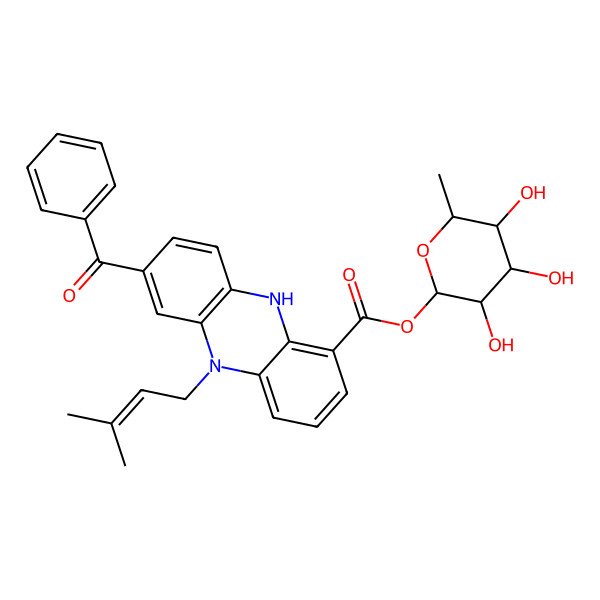 2D Structure of [(2S,6S)-3,4,5-trihydroxy-6-methyloxan-2-yl] 7-benzoyl-5-(3-methylbut-2-enyl)-10H-phenazine-1-carboxylate