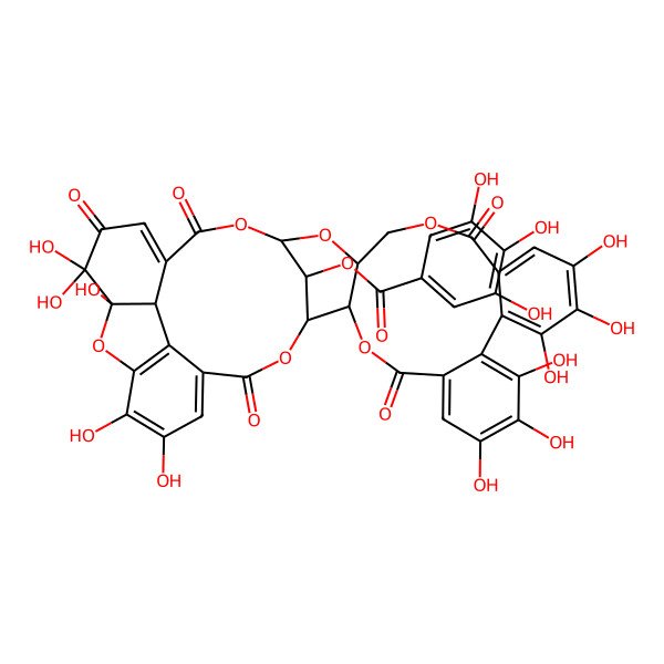 2D Structure of (7,8,9,12,13,14,28,28,29,33,34-Undecahydroxy-4,17,24,27,37-pentaoxo-3,18,21,23,38,40-hexaoxaoctacyclo[20.16.1.129,32.02,20.05,10.011,16.025,30.031,36]tetraconta-5,7,9,11,13,15,25,31,33,35-decaen-39-yl) 3,4,5-trihydroxybenzoate