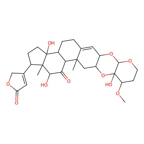 2D Structure of 10,17,22-trihydroxy-9-methoxy-14,18-dimethyl-19-(5-oxo-2H-furan-3-yl)-4,6,11-trioxahexacyclo[12.11.0.03,12.05,10.015,23.018,22]pentacos-1-en-16-one