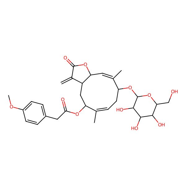 2D Structure of [6,10-Dimethyl-3-methylidene-2-oxo-9-[3,4,5-trihydroxy-6-(hydroxymethyl)oxan-2-yl]oxy-3a,4,5,8,9,11a-hexahydrocyclodeca[b]furan-5-yl] 2-(4-methoxyphenyl)acetate