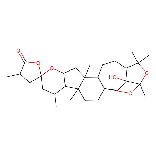 2D Structure of 20-Hydroxy-3',4,6,12,17,17,19-heptamethylspiro[9,18,22-trioxahexacyclo[17.2.1.01,13.04,12.05,10.016,20]docosane-8,5'-oxolane]-2'-one