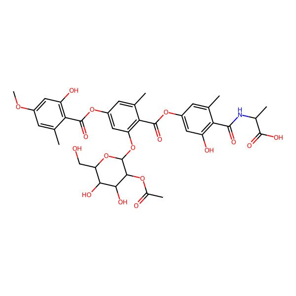 2D Structure of 2-[[4-[2-[3-Acetyloxy-4,5-dihydroxy-6-(hydroxymethyl)oxan-2-yl]oxy-4-(2-hydroxy-4-methoxy-6-methylbenzoyl)oxy-6-methylbenzoyl]oxy-2-hydroxy-6-methylbenzoyl]amino]propanoic acid