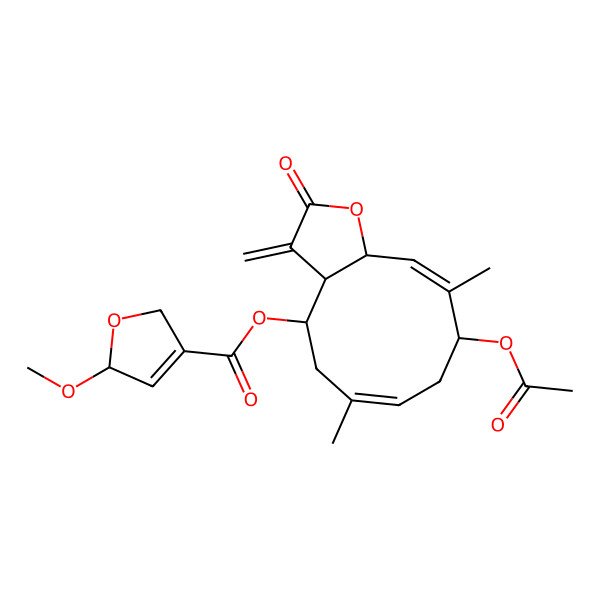 2D Structure of [(3aR,4R,6E,9S,10Z,11aR)-9-acetyloxy-6,10-dimethyl-3-methylidene-2-oxo-3a,4,5,8,9,11a-hexahydrocyclodeca[b]furan-4-yl] (5S)-5-methoxy-2,5-dihydrofuran-3-carboxylate