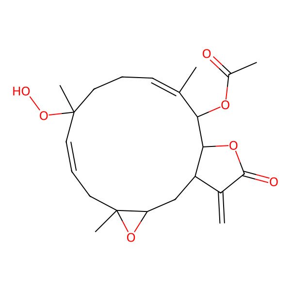2D Structure of [(1R,3S,5S,7E,9R,12E,14S,15R)-9-hydroperoxy-5,9,13-trimethyl-18-methylidene-17-oxo-4,16-dioxatricyclo[13.3.0.03,5]octadeca-7,12-dien-14-yl] acetate