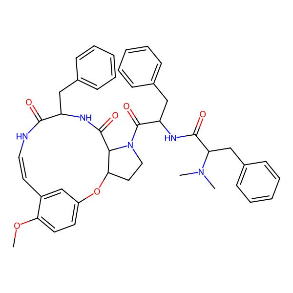 2D Structure of N-[1-(10-benzyl-16-methoxy-8,11-dioxo-2-oxa-6,9,12-triazatricyclo[13.3.1.03,7]nonadeca-1(19),13,15,17-tetraen-6-yl)-1-oxo-3-phenylpropan-2-yl]-2-(dimethylamino)-3-phenylpropanamide