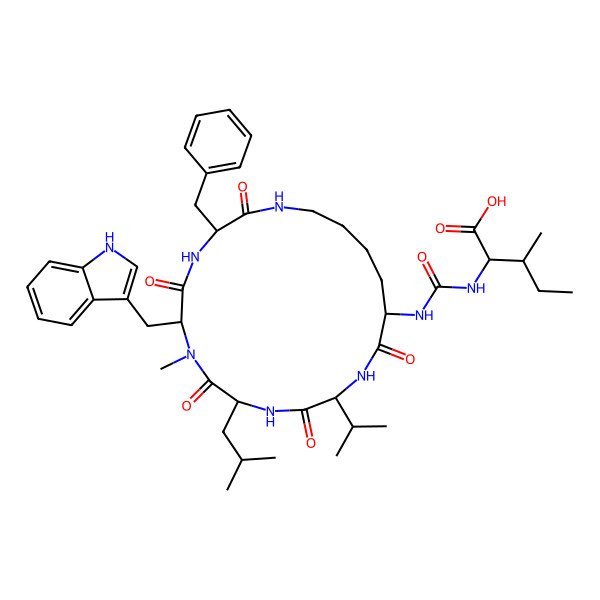 2D Structure of (2R,3S)-2-[[(3S,6S,9S,12S,15S)-3-benzyl-6-(1H-indol-3-ylmethyl)-7-methyl-9-(2-methylpropyl)-2,5,8,11,14-pentaoxo-12-propan-2-yl-1,4,7,10,13-pentazacyclononadec-15-yl]carbamoylamino]-3-methylpentanoic acid