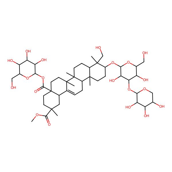 2D Structure of 2-O-methyl 4a-O-[(2R,3R,4S,5R,6R)-3,4,5-trihydroxy-6-(hydroxymethyl)oxan-2-yl] (2S,4aR,6aR,6aS,6bR,8aR,9R,10S,12aR,14bS)-10-[(2S,3R,4S,5R,6R)-3,5-dihydroxy-6-(hydroxymethyl)-4-[(2S,3R,4S,5S)-3,4,5-trihydroxyoxan-2-yl]oxyoxan-2-yl]oxy-9-(hydroxymethyl)-2,6a,6b,9,12a-pentamethyl-1,3,4,5,6,6a,7,8,8a,10,11,12,13,14b-tetradecahydropicene-2,4a-dicarboxylate