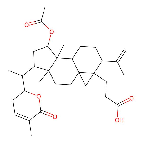 2D Structure of 3-[(1S,4R,5R,7S,8S,9R,12S,13R)-7-acetyloxy-4,8-dimethyl-5-[(1S)-1-[(2R)-5-methyl-6-oxo-2,3-dihydropyran-2-yl]ethyl]-12-prop-1-en-2-yl-13-tetracyclo[7.5.0.01,13.04,8]tetradecanyl]propanoic acid