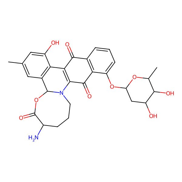 2D Structure of 11-Amino-19-(4,5-dihydroxy-6-methyloxan-2-yl)oxy-3-hydroxy-5-methyl-9-oxa-15-azapentacyclo[14.8.0.02,7.08,15.018,23]tetracosa-1(16),2(7),3,5,18(23),19,21-heptaene-10,17,24-trione