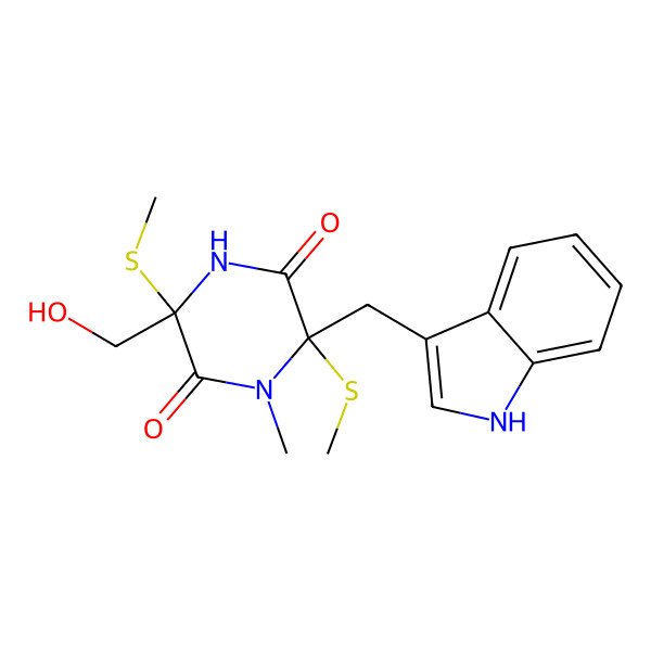 2D Structure of (3S,6R)-3-(hydroxymethyl)-6-(1H-indol-3-ylmethyl)-1-methyl-3,6-bis(methylsulfanyl)piperazine-2,5-dione