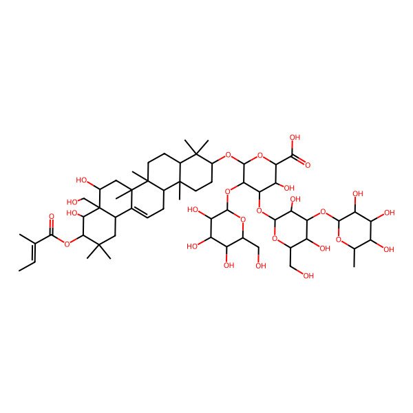 2D Structure of (2S,3S,4S,5R,6R)-6-[[(3S,4aR,6aR,6bS,8R,8aR,9R,10R,12aS,14aR,14bR)-8,9-dihydroxy-8a-(hydroxymethyl)-4,4,6a,6b,11,11,14b-heptamethyl-10-[(Z)-2-methylbut-2-enoyl]oxy-1,2,3,4a,5,6,7,8,9,10,12,12a,14,14a-tetradecahydropicen-3-yl]oxy]-4-[(2S,3R,4S,5S,6R)-3,5-dihydroxy-6-(hydroxymethyl)-4-[(2S,3R,4R,5R,6S)-3,4,5-trihydroxy-6-methyloxan-2-yl]oxyoxan-2-yl]oxy-3-hydroxy-5-[(2S,3R,4S,5S,6R)-3,4,5-trihydroxy-6-(hydroxymethyl)oxan-2-yl]oxyoxane-2-carboxylic acid
