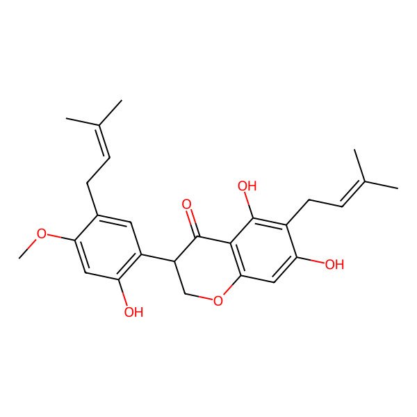 2D Structure of (3S)-5,7-dihydroxy-3-[2-hydroxy-4-methoxy-5-(3-methylbut-2-enyl)phenyl]-6-(3-methylbut-2-enyl)-2,3-dihydrochromen-4-one