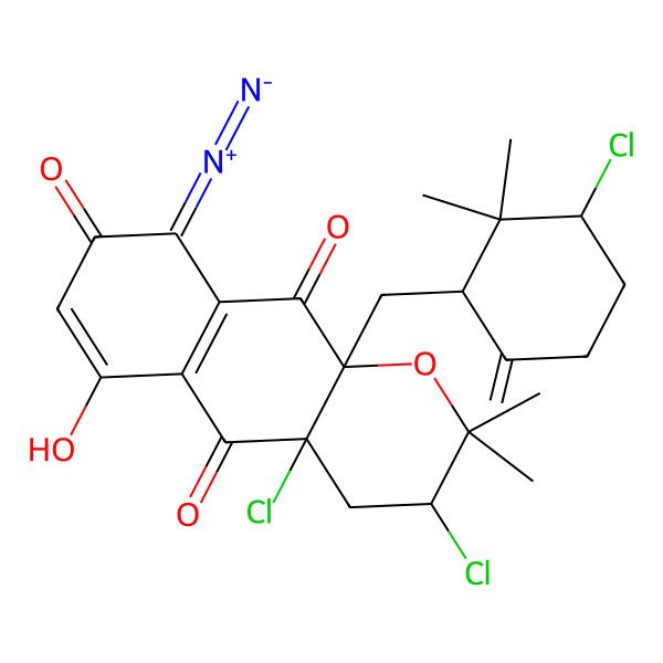 2D Structure of 3,4a-Dichloro-10a-[(3-chloro-2,2-dimethyl-6-methylidenecyclohexyl)methyl]-9-diazo-6-hydroxy-2,2-dimethyl-3,4-dihydrobenzo[g]chromene-5,8,10-trione