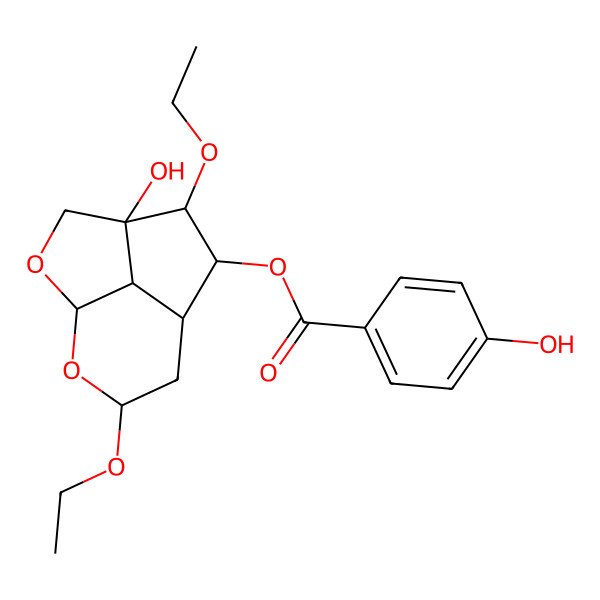 2D Structure of (5,9-Diethoxy-4-hydroxy-2,10-dioxatricyclo[5.3.1.04,11]undecan-6-yl) 4-hydroxybenzoate