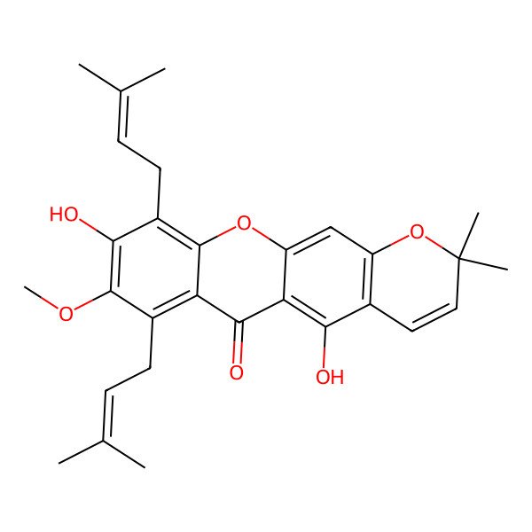 2D Structure of 5,9-Dihydroxy-8-methoxy-2,2-dimethyl-7,10-bis(3-methylbut-2-enyl)pyrano[3,2-b]xanthen-6-one