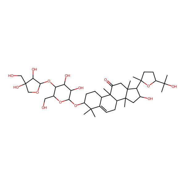 2D Structure of (3S,8S,9R,10R,13R,14S,16S,17R)-3-[(2R,3R,4R,5S,6R)-5-[(2S,3R,4R)-3,4-dihydroxy-4-(hydroxymethyl)oxolan-2-yl]oxy-3,4-dihydroxy-6-(hydroxymethyl)oxan-2-yl]oxy-16-hydroxy-17-[(2S,5S)-5-(2-hydroxypropan-2-yl)-2-methyloxolan-2-yl]-4,4,9,13,14-pentamethyl-1,2,3,7,8,10,12,15,16,17-decahydrocyclopenta[a]phenanthren-11-one