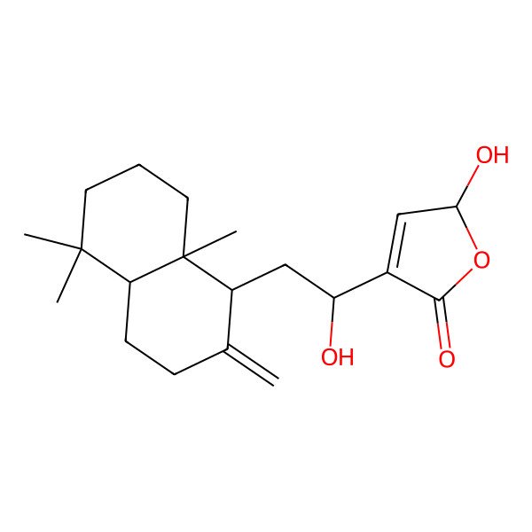 2D Structure of (2S)-4-[(1R)-2-[(1S,4aS,8aS)-5,5,8a-trimethyl-2-methylidene-3,4,4a,6,7,8-hexahydro-1H-naphthalen-1-yl]-1-hydroxyethyl]-2-hydroxy-2H-furan-5-one