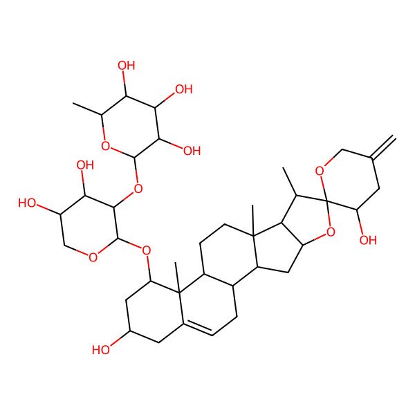 2D Structure of (2S,3R,4R,5R,6S)-2-[(2S,3R,4S,5S)-2-[(1S,2S,3'S,4S,6S,7S,8R,9S,12S,13R,14R,16R)-3',16-dihydroxy-7,9,13-trimethyl-5'-methylidenespiro[5-oxapentacyclo[10.8.0.02,9.04,8.013,18]icos-18-ene-6,2'-oxane]-14-yl]oxy-4,5-dihydroxyoxan-3-yl]oxy-6-methyloxane-3,4,5-triol