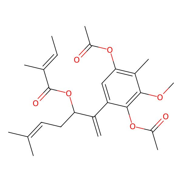 2D Structure of [(3S)-2-(2,5-diacetyloxy-3-methoxy-4-methylphenyl)-6-methylhepta-1,5-dien-3-yl] (Z)-2-methylbut-2-enoate
