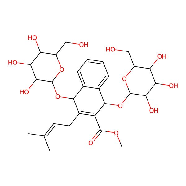 2D Structure of Methyl 3-(3-methylbut-2-enyl)-1,4-bis[[3,4,5-trihydroxy-6-(hydroxymethyl)oxan-2-yl]oxy]-1,4-dihydronaphthalene-2-carboxylate