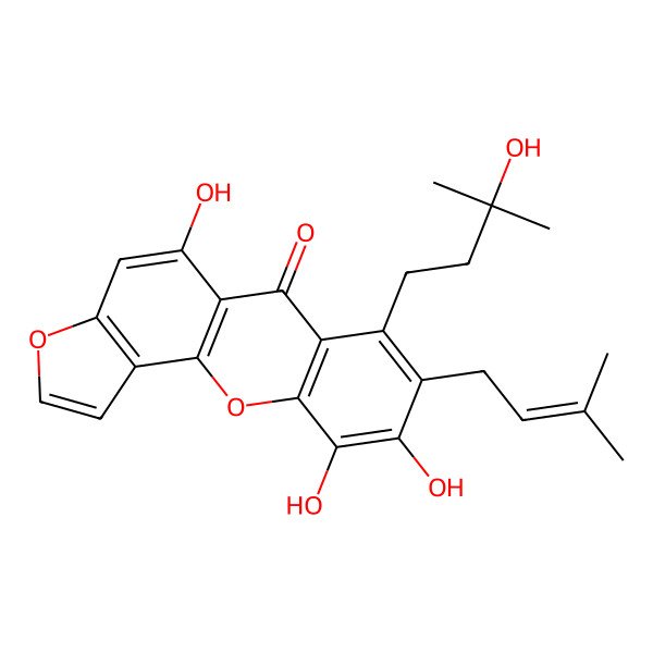 2D Structure of 5,9,10-Trihydroxy-7-(3-hydroxy-3-methylbutyl)-8-(3-methylbut-2-enyl)furo[2,3-c]xanthen-6-one