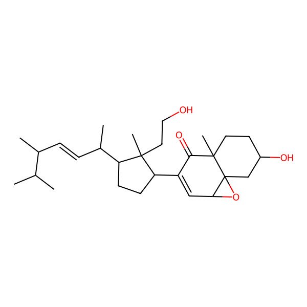 2D Structure of 3-[3-(5,6-dimethylhept-3-en-2-yl)-2-(2-hydroxyethyl)-2-methylcyclopentyl]-7-hydroxy-4a-methyl-5,6,7,8-tetrahydro-1aH-naphtho[4,4a-b]oxiren-4-one