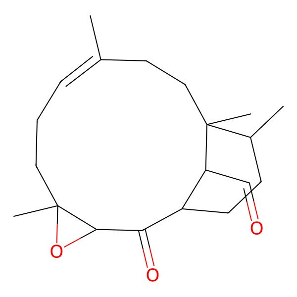 2D Structure of 5,9,12,13-Tetramethyl-2-oxo-4-oxatricyclo[10.3.1.03,5]hexadec-8-ene-16-carbaldehyde