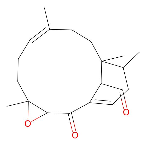 2D Structure of 5,9,12,13-Tetramethyl-2-oxo-4-oxatricyclo[10.3.1.03,5]hexadeca-1(15),8-diene-16-carbaldehyde