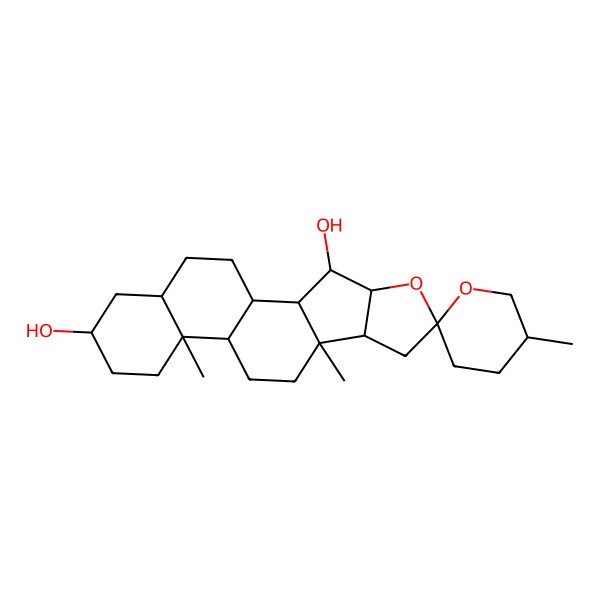 2D Structure of 5',9,13-Trimethylspiro[5-oxapentacyclo[10.8.0.02,9.04,8.013,18]icosane-6,2'-oxane]-3,16-diol