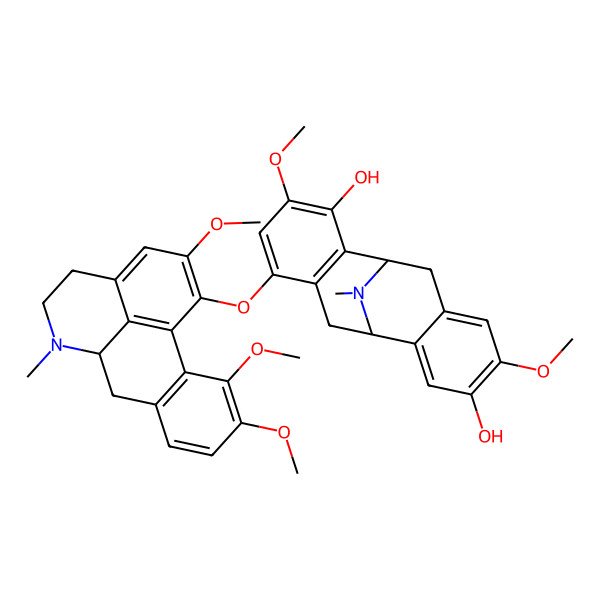 2D Structure of (1S,9S)-6-[[(6aS)-2,10,11-trimethoxy-6-methyl-5,6,6a,7-tetrahydro-4H-dibenzo[de,g]quinolin-1-yl]oxy]-4,13-dimethoxy-17-methyl-17-azatetracyclo[7.7.1.02,7.010,15]heptadeca-2(7),3,5,10,12,14-hexaene-3,12-diol