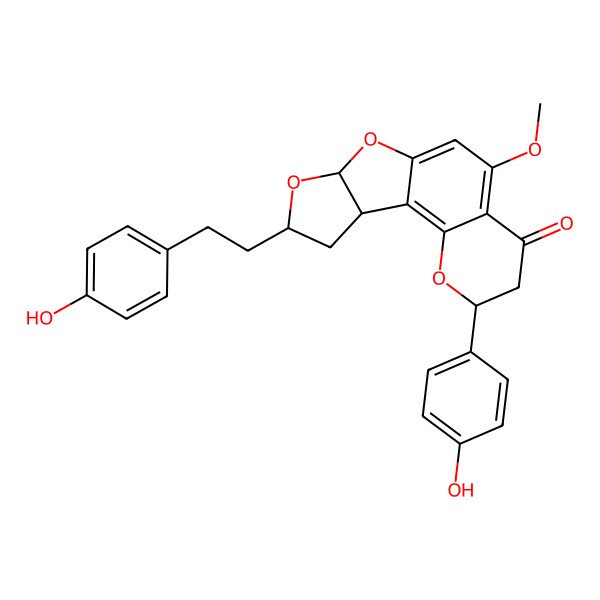 2D Structure of (4S,12R,14S,16S)-4-(4-hydroxyphenyl)-14-[2-(4-hydroxyphenyl)ethyl]-8-methoxy-3,11,13-trioxatetracyclo[8.6.0.02,7.012,16]hexadeca-1,7,9-trien-6-one