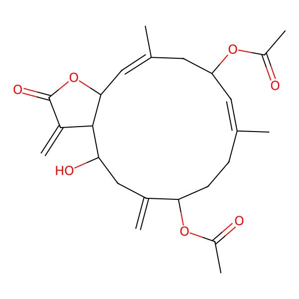 2D Structure of (12-acetyloxy-4-hydroxy-10,14-dimethyl-3,6-dimethylidene-2-oxo-4,5,7,8,9,12,13,15a-octahydro-3aH-cyclotetradeca[b]furan-7-yl) acetate