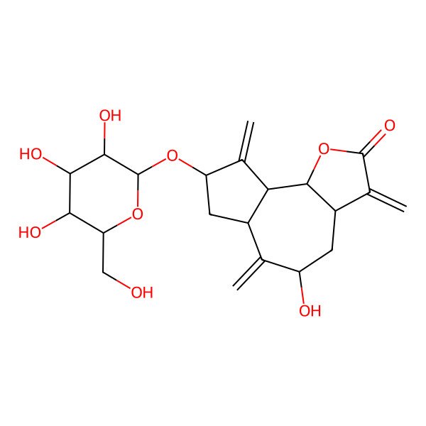 2D Structure of (3aS,5S,6aR,8S,9aR,9bS)-5-hydroxy-3,6,9-trimethylidene-8-[(2S,3R,4S,5S,6R)-3,4,5-trihydroxy-6-(hydroxymethyl)oxan-2-yl]oxy-3a,4,5,6a,7,8,9a,9b-octahydroazuleno[4,5-b]furan-2-one