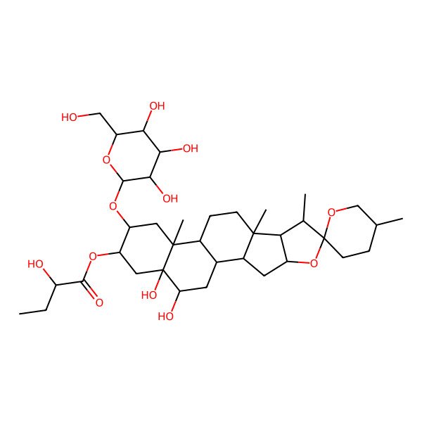 2D Structure of [(1S,2S,4S,5'R,6R,7S,8R,9S,12S,13R,15R,16R,18R,19R)-18,19-dihydroxy-5',7,9,13-tetramethyl-15-[(2R,3R,4S,5S,6R)-3,4,5-trihydroxy-6-(hydroxymethyl)oxan-2-yl]oxyspiro[5-oxapentacyclo[10.8.0.02,9.04,8.013,18]icosane-6,2'-oxane]-16-yl] (2R)-2-hydroxybutanoate