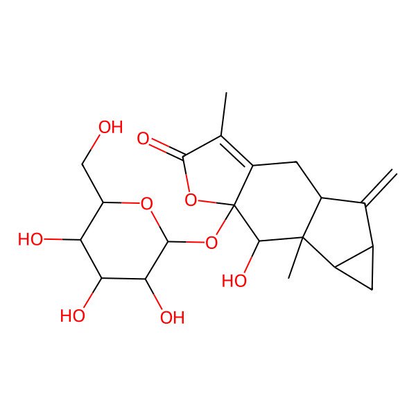 2D Structure of 8-Hydroxy-4,9-dimethyl-13-methylidene-7-[3,4,5-trihydroxy-6-(hydroxymethyl)oxan-2-yl]oxy-6-oxatetracyclo[7.4.0.03,7.010,12]tridec-3-en-5-one