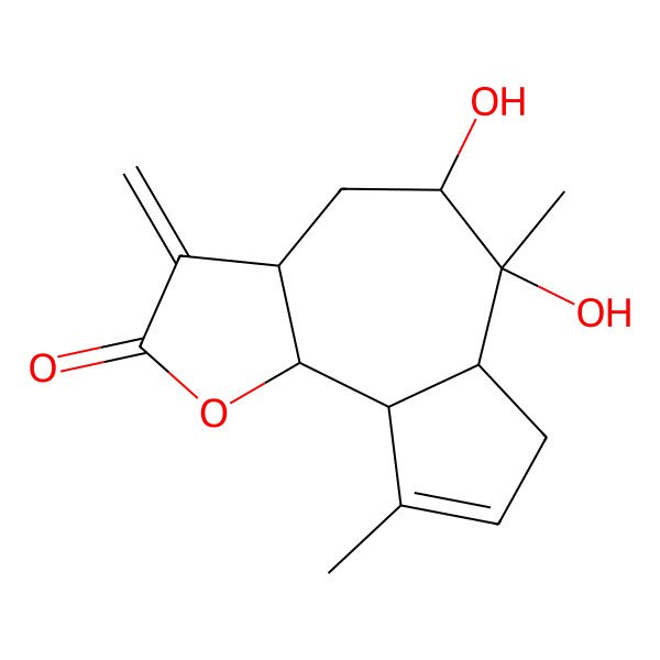 2D Structure of (3aS,5R,6S,6aR,9aR,9bS)-5,6-dihydroxy-6,9-dimethyl-3-methylidene-4,5,6a,7,9a,9b-hexahydro-3aH-azuleno[4,5-b]furan-2-one