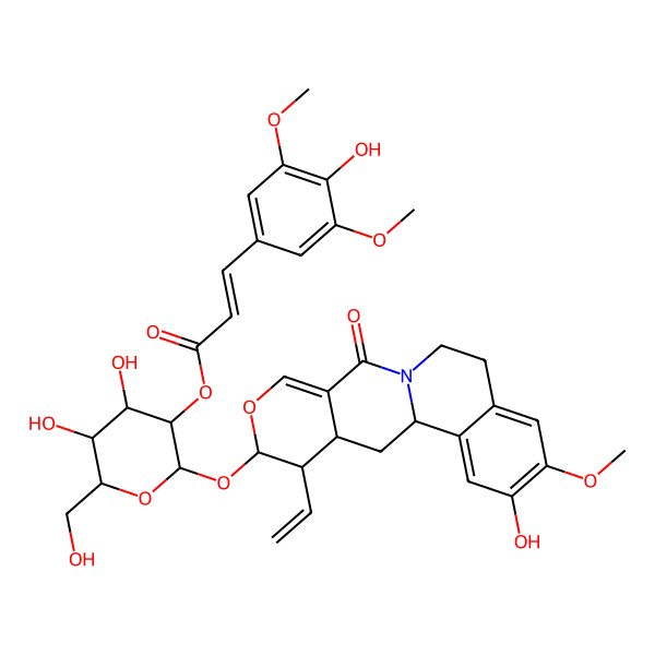 2D Structure of [(2S,3R,4S,5S,6R)-2-[[(1R,15S,16R,17S)-16-ethenyl-4-hydroxy-5-methoxy-11-oxo-14-oxa-10-azatetracyclo[8.8.0.02,7.012,17]octadeca-2,4,6,12-tetraen-15-yl]oxy]-4,5-dihydroxy-6-(hydroxymethyl)oxan-3-yl] (E)-3-(4-hydroxy-3,5-dimethoxyphenyl)prop-2-enoate