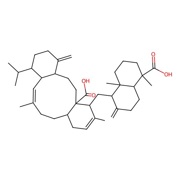 2D Structure of (4S,8R,9R,10E,18R)-18-[[(1R,4aR,5R,8aR)-5-carboxy-5,8a-dimethyl-2-methylidene-3,4,4a,6,7,8-hexahydro-1H-naphthalen-1-yl]methyl]-11,17-dimethyl-5-methylidene-8-propan-2-yltricyclo[12.4.0.04,9]octadeca-10,16-diene-1-carboxylic acid
