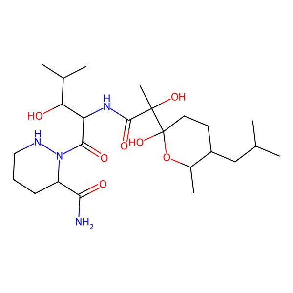 2D Structure of 2-[3-Hydroxy-2-[[2-hydroxy-2-[2-hydroxy-6-methyl-5-(2-methylpropyl)oxan-2-yl]propanoyl]amino]-4-methylpentanoyl]diazinane-3-carboxamide
