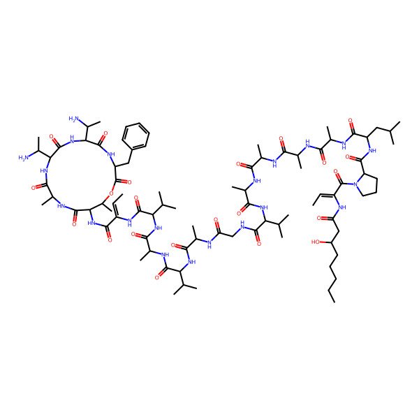 2D Structure of N-[1-[[1-[[1-[[1-[[1-[[1-[[2-[[1-[[1-[[1-[[1-[[1-[[6,9-bis(1-aminoethyl)-3-benzyl-12,16-dimethyl-2,5,8,11,14-pentaoxo-1-oxa-4,7,10,13-tetrazacyclohexadec-15-yl]amino]-1-oxobut-2-en-2-yl]amino]-3-methyl-1-oxobutan-2-yl]amino]-1-oxopropan-2-yl]amino]-3-methyl-1-oxobutan-2-yl]amino]-1-oxopropan-2-yl]amino]-2-oxoethyl]amino]-3-methyl-1-oxobutan-2-yl]amino]-1-oxopropan-2-yl]amino]-1-oxopropan-2-yl]amino]-1-oxopropan-2-yl]amino]-1-oxopropan-2-yl]amino]-4-methyl-1-oxopentan-2-yl]-1-[2-(3-hydroxyoctanoylamino)but-2-enoyl]pyrrolidine-2-carboxamide