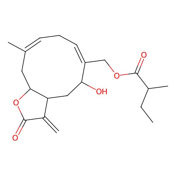 2D Structure of [(3aR,5R,6Z,9E,11aS)-5-hydroxy-10-methyl-3-methylidene-2-oxo-3a,4,5,8,11,11a-hexahydrocyclodeca[b]furan-6-yl]methyl (2R)-2-methylbutanoate