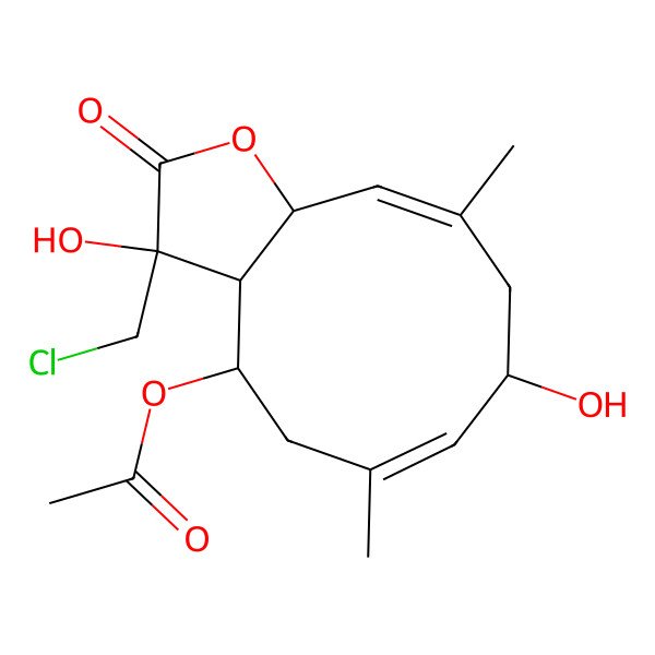2D Structure of [(3S,3aR,4R,6Z,8S,10E,11aS)-3-(chloromethyl)-3,8-dihydroxy-6,10-dimethyl-2-oxo-3a,4,5,8,9,11a-hexahydrocyclodeca[b]furan-4-yl] acetate