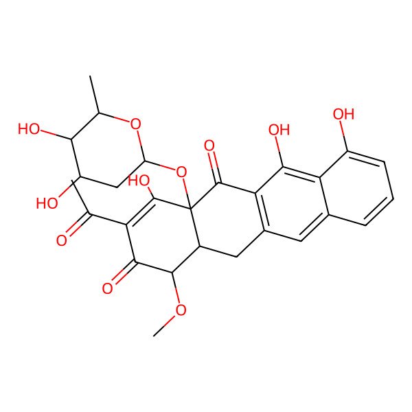 2D Structure of 3-acetyl-4a-(4,5-dihydroxy-6-methyloxan-2-yl)oxy-4,6,7-trihydroxy-1-methoxy-12,12a-dihydro-1H-tetracene-2,5-dione