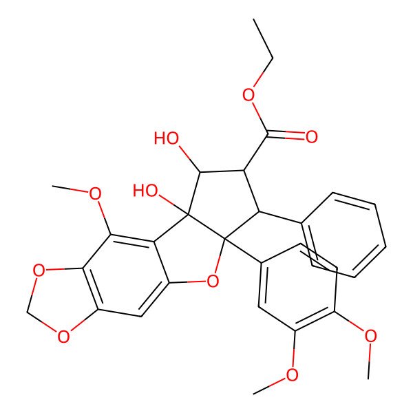 2D Structure of ethyl (10S,11R,12R,13S,14R)-14-(3,4-dimethoxyphenyl)-10,11-dihydroxy-8-methoxy-13-phenyl-4,6,15-trioxatetracyclo[7.6.0.03,7.010,14]pentadeca-1,3(7),8-triene-12-carboxylate