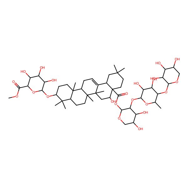 2D Structure of Methyl 6-[[8a-[3-[3,4-dihydroxy-6-methyl-5-(3,4,5-trihydroxyoxan-2-yl)oxyoxan-2-yl]oxy-4,5-dihydroxyoxan-2-yl]oxycarbonyl-8-hydroxy-4,4,6a,6b,11,11,14b-heptamethyl-1,2,3,4a,5,6,7,8,9,10,12,12a,14,14a-tetradecahydropicen-3-yl]oxy]-3,4,5-trihydroxyoxane-2-carboxylate